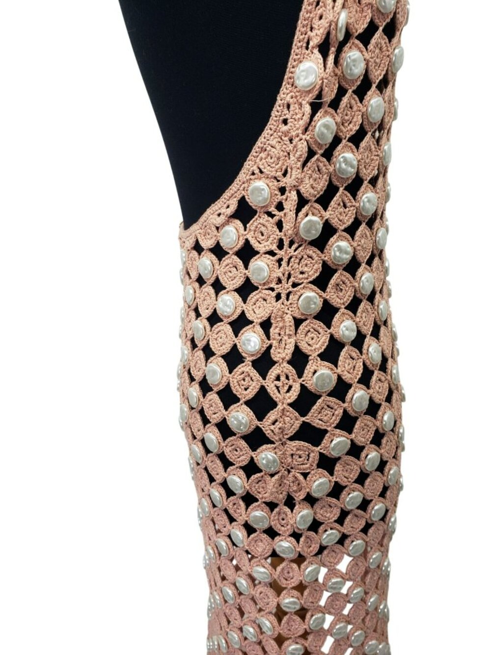 Toccin Pink Crochet Faux Mother of Pearl Button Rosette Halter Maxi Dress - Picture 12 of 15